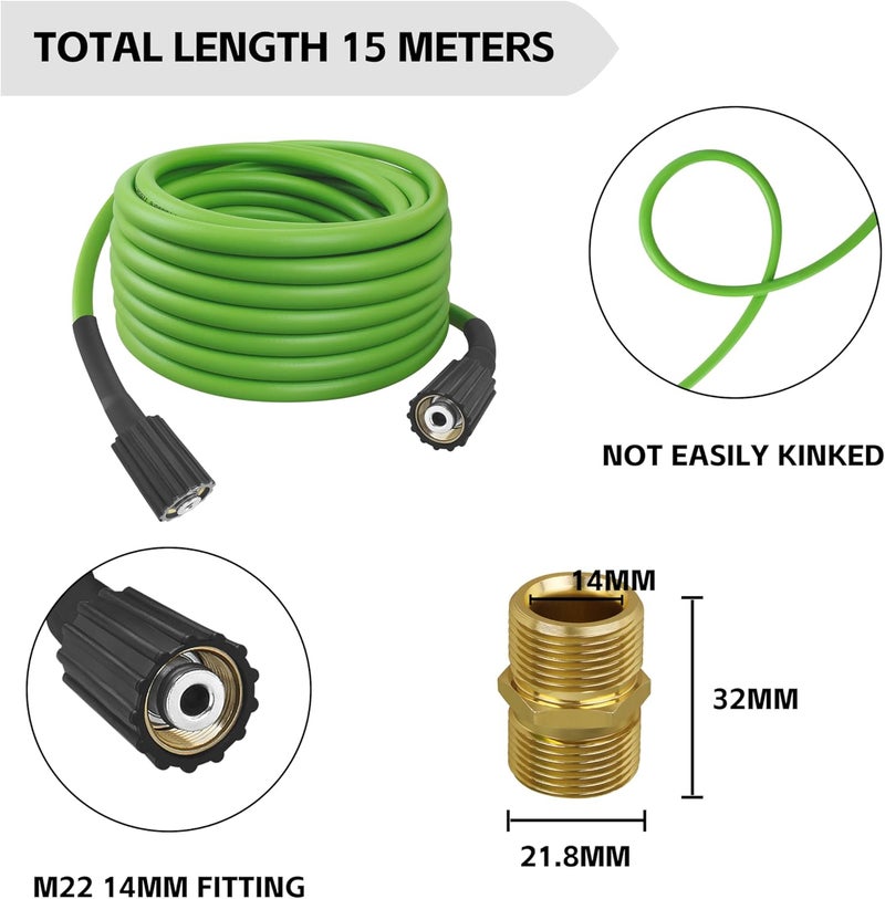 FSQLB Universal Pressure Washer Hose for Greenworks Power Washer 3300 PSI ，Replacement 5200402 for Greenworks Ryobi Electric Power Wash Hose with M22/14 Fittings (50 FT Green) - Image 2